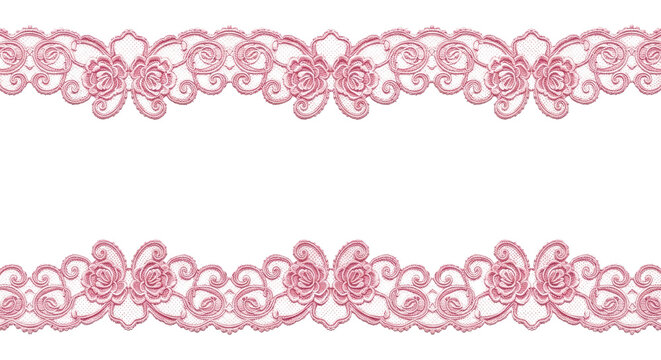 Lace border, floral pattern and rose design for wedding invitations with delicate pink lace trim showcasing intricate details and romantic elegance. Embroidery, textile and decorative elements with