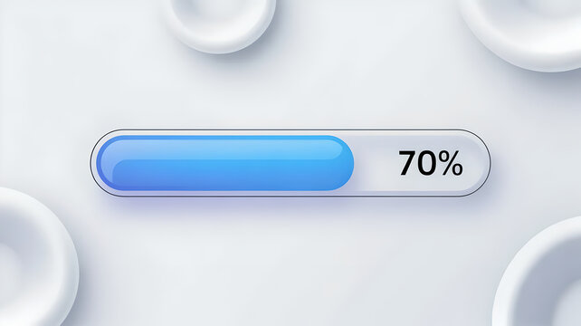 3D Progress Bar at 70 Percent Completion with Blue Glossy Indicator on Minimalist White Background