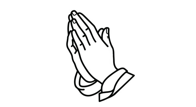 Praying hands, clasped hands, gesture icon, line art, black and white vector