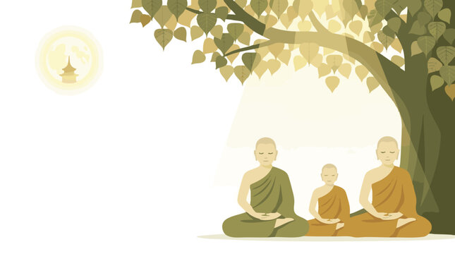 Buddhist Monks Meditating Under Bodhi Tree Illustration