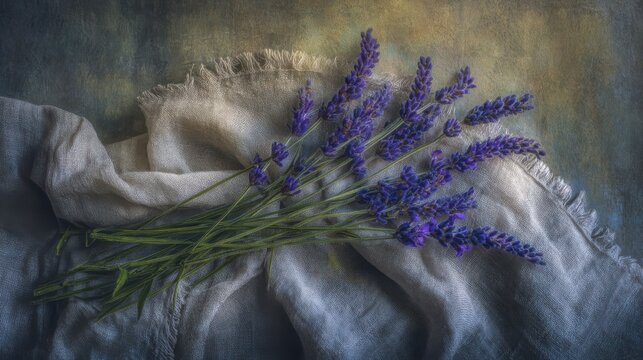 Freshly Picked Lavender Sprigs Artfully Arranged on Textured Fabric