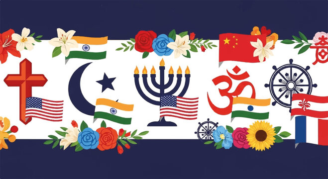 Diverse religion symbols, national flags, and flowers, multicultural icons vector