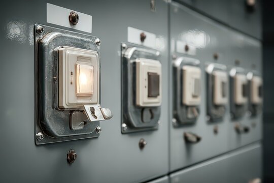 Close up of a row of industrial electrical circuit breakers in a grey metal panel with one breaker illuminated showing a warm light suggesting power or an active state