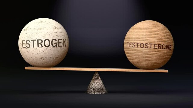 Estrogen and Testosterone in balance - balancing spheres on a scale symbolizing harmony, equity and equilibrium between estrogen and testosterone. Made by human for humans