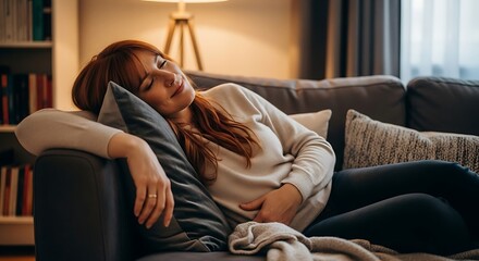 Obraz premium Woman resting on couch, holding stomach, looking tired and unwell.
