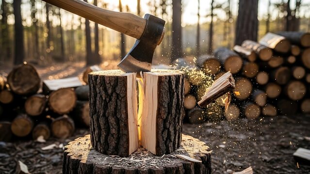 Axe splitting wood in forest with logs in background.