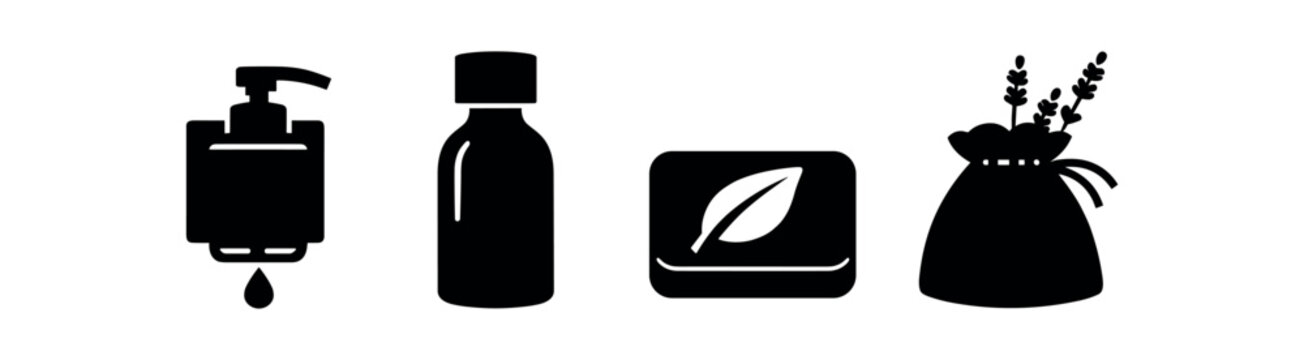 Natural cosmetics icon set. soap dispenser, bottle, bar soap, herbal pouch, skincare, bath, spa. flat vector illustration.