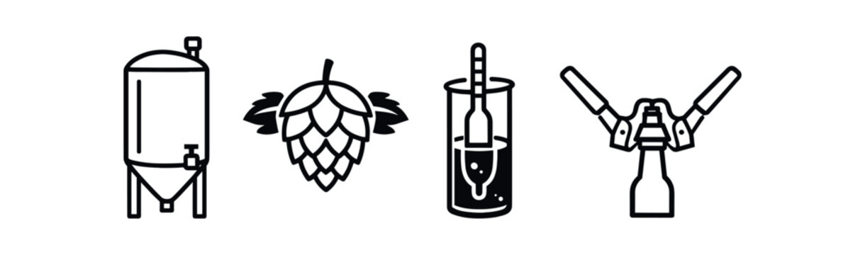 Brewery equipment icon set. fermentation tank, hop cone, measuring jar, bottle capper, brewing tools. line, flat vector illustration.