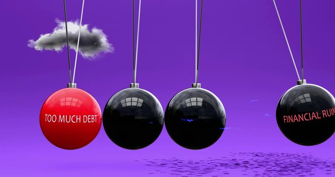 Too Much Debt leads to financial ruin. Cause and effect relation between too much debt and financial ruin. Vicious cycle. Negative repeating pattern.