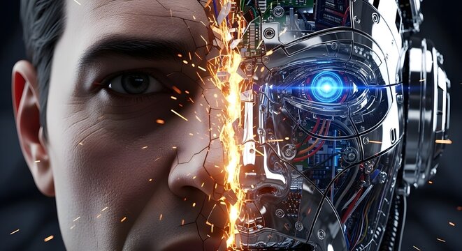 A close up view of a human face merging with advanced robotic machinery and glowing blue light