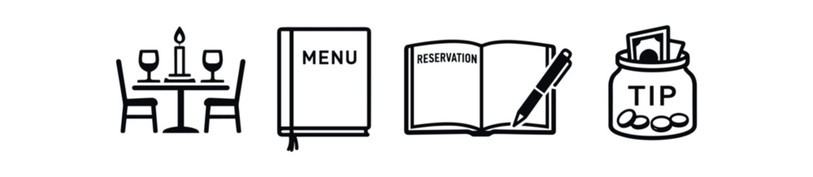 Restaurant service icon set. dining table, menu, reservation book, tip jar, waiter, booking, payment. line and flat vector icon set.