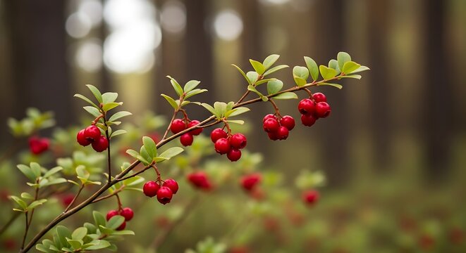 A close up view of vibrant red lingonberry fruits hanging from a green shrub in a forest setting. american bearberry