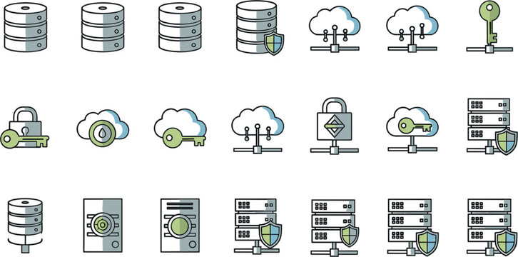Cloud database security icons set with servers backup encryption keys locks and protected data storage systems in modern flat vector illustration style