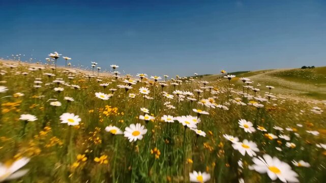 Wildflower meadow with white daisies on green field under blue sky natural spring landscape