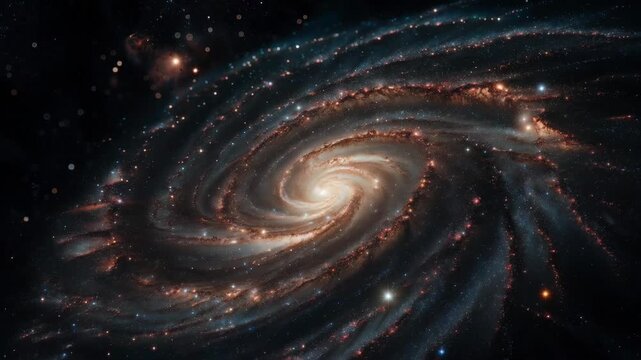 Spiral galaxy with bright stars in cosmic style on dark space background, concept of astronomy and universe