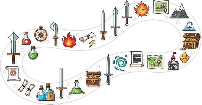 Fantasy adventure game progression path with swords potions treasure maps magic items and quest elements for RPG gameplay vector illustration