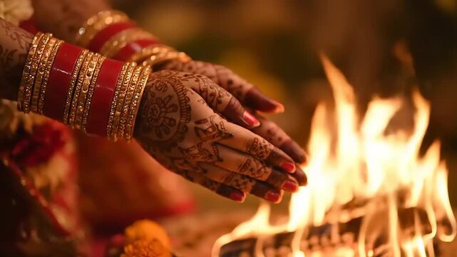 Indian Wedding Ceremony Ritual with Brides Hands Near Sacred Fire.
