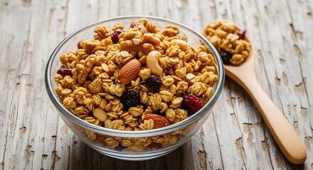 Fototapeta premium Healthy homemade granola, a delicious breakfast cereal mix with nuts and dried fruits, served in a clear glass bowl on rustic wooden table, perfect for a nutritious meal.