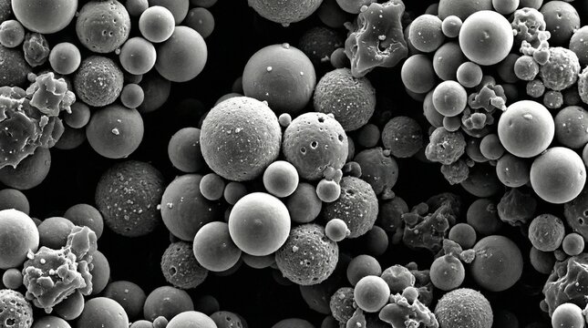 A high magnification scanning electron microscope image reveals a clustered arrangement of metal particles against a stark dark backdrop surface. 
