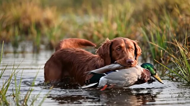 Reddish-brown Irish Setter hunting dog standing chest-deep in murky marsh water, holding a harvested male mallard duck in its mouth after a successful retrieval in a wetland setting.