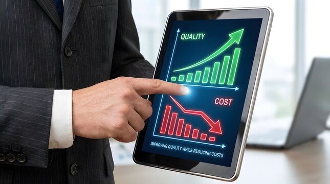 Business professional holding a digital tablet displaying a quality and cost optimization graph, showing increasing quality and decreasing cost, a concept for business growth and efficiency