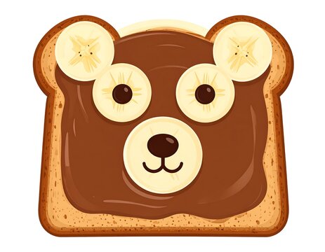 A cute bear face made of toast, chocolate spread, and banana slices, perfect for breakfast or a fun snack