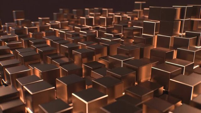 Metallic bronze cubes forming abstract geometric shapes in glossy style on dark backdrop, concept of modern tech aesthetics
