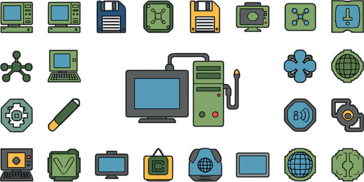 Retro computer technology icons set featuring vintage desktops floppy disks networking symbols and digital devices classic tech vector illustration collection