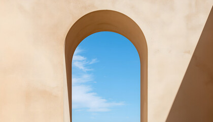 Fototapeta premium Minimalist white architectural arch framing bright blue summer sky