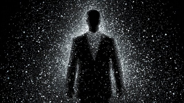 A silhouette of a person formed by scattered white particles against a black background, a mysterious and cosmic visual effect, abstract CEO vision