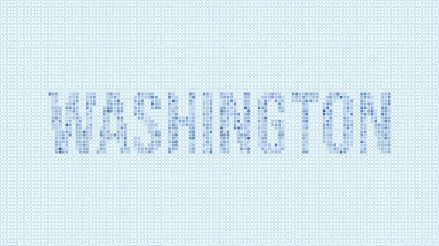 Washington, United States dotted map animation. Digital style shape of the state. Washington, United States shape and title dots appear with bulb flickering effect. Intro, outro, logo, title video.