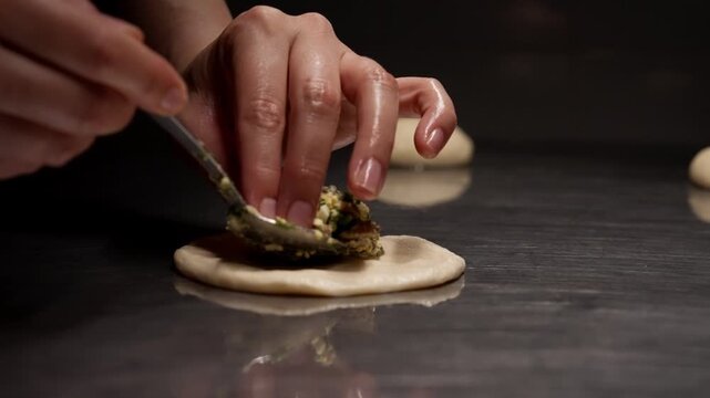 Close-up sequence of raw dough portions resting on a reflective surface and being filled with savory vegetable stuffing in a dark minimalist kitchen setting