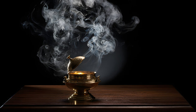Traditional brass incense burner mabkhara with fragrant smoke