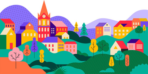 Fototapeta premium Colorful Countryside Landscape Illustration. Scenic Village with Hills, Trees, and Traditional Houses.