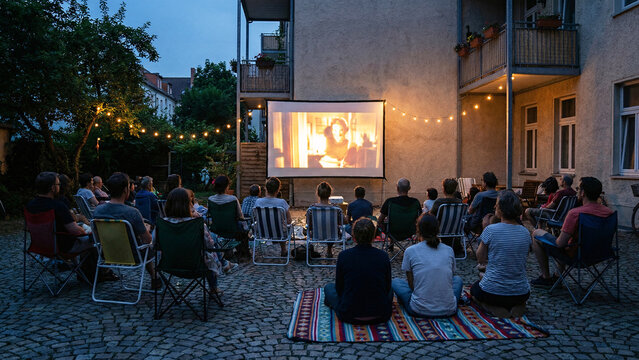 People Watching Outdoor Screening in Residential Courtyard with Folding Chairs and Blankets, Evening Light, Projection Glow, Shared Experience, Community Gathering