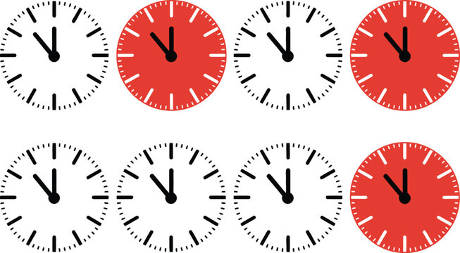 Multiple Clocks Displaying Almost 11 O'Clock, Some with Red Faces