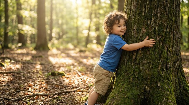 A young child with curly hair hugging a mossy tree trunk in a sunlit forest