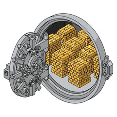 Vault Door Open Revealing Stacks of Gold Bars Inside. © Yulianti