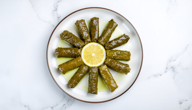 Traditional Mediterranean stuffed grape leaves dolma with lemon