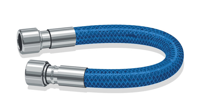 A flexible industrial blue braided hose with a distinct diamond mesh texture and polished silver metallic fittings is curved into a perfect U-shape form.