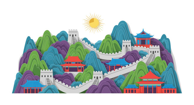 A dense and colorful illustration features the Great Wall of China with numerous watchtowers and red pagodas winding through steep green and purple mountain peaks.