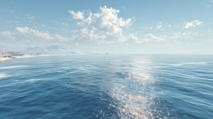 Obraz premium Sunlight glitters on a vast blue ocean stretching towards a distant mountainous coastline, under a bright, partly cloudy sky.
