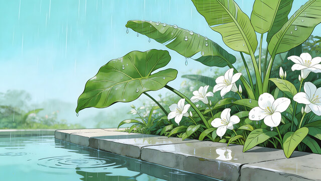 Rain on pool with white flowers