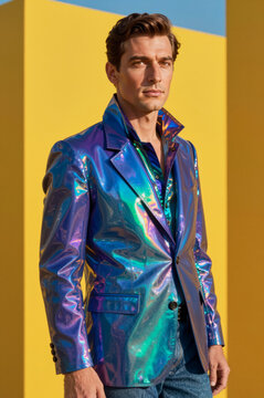 Man wears holographic iridescent blazer reflecting shifting teal and violet highlights against matte yellow wall under direct sunlight.