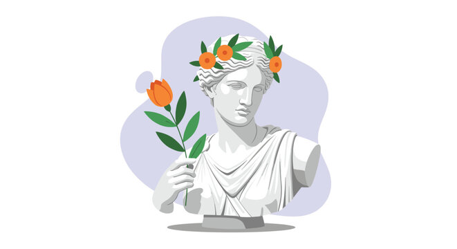 This elegant female classical marble bust features a lush green leaf crown with orange blossoms while holding a single vibrant tulip flower stem.