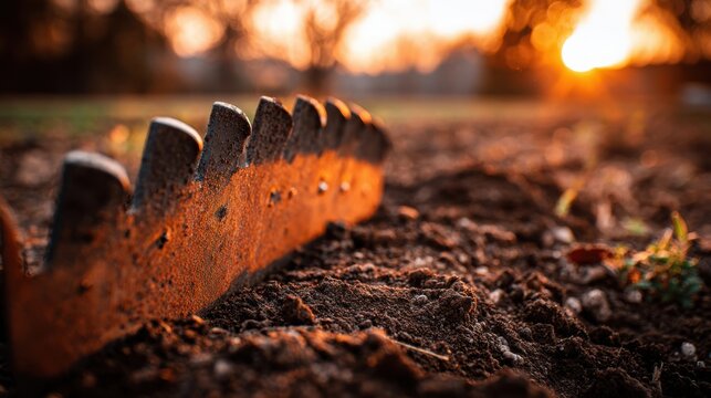 Close-up of a worn tillage coulter slicing through dark, rich soil at sunrise, highlighting agricultural precision and preparation for planting.
