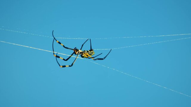 Beautiful Asian Joro Banana Spider weaving it's web -close up.