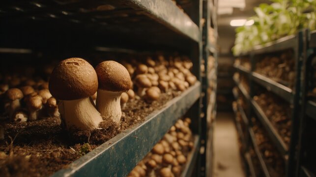 Rows of fresh mushrooms neatly arranged on agricultural shelves for optimal growth and cultivation