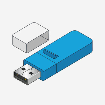 Isometric Blue USB Flash Drive with Detached Cap Illustration.