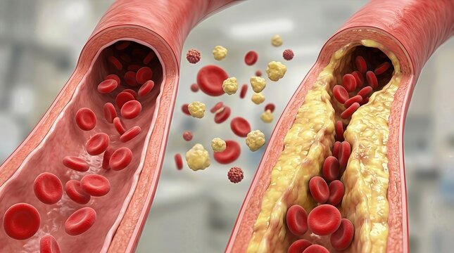 Vascular health demonstration: healthy vessel, diseased condition, lipid imbalance, plaque accumulation, blood flow, heart risk, cholesterol level, artery degeneration.